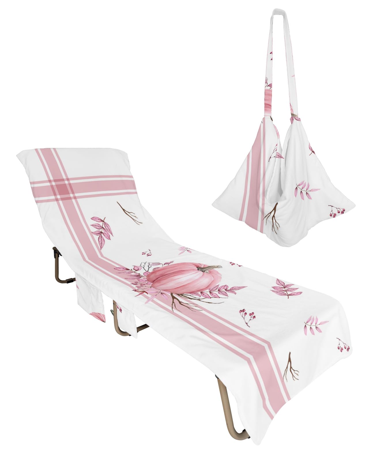 Blush Pink Pumpkin Beach Chair Towel Covers for Chaise Lounge with Side Pocket, Soft Plush Pool Towels Cover for Patio Sunbathing Outdoor 29''x85'' Thanksgiving Eucalyptus Leaves