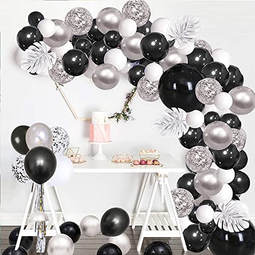 Kit de Guirlande Ballon Arche Noir Argent Blanc, Décoration d Anniversaire de Ballon Noirs Confettis, Argent Métallisé Ballon en Latex Pack pour Anniversaire De Mariage Toile De Fond Décorations