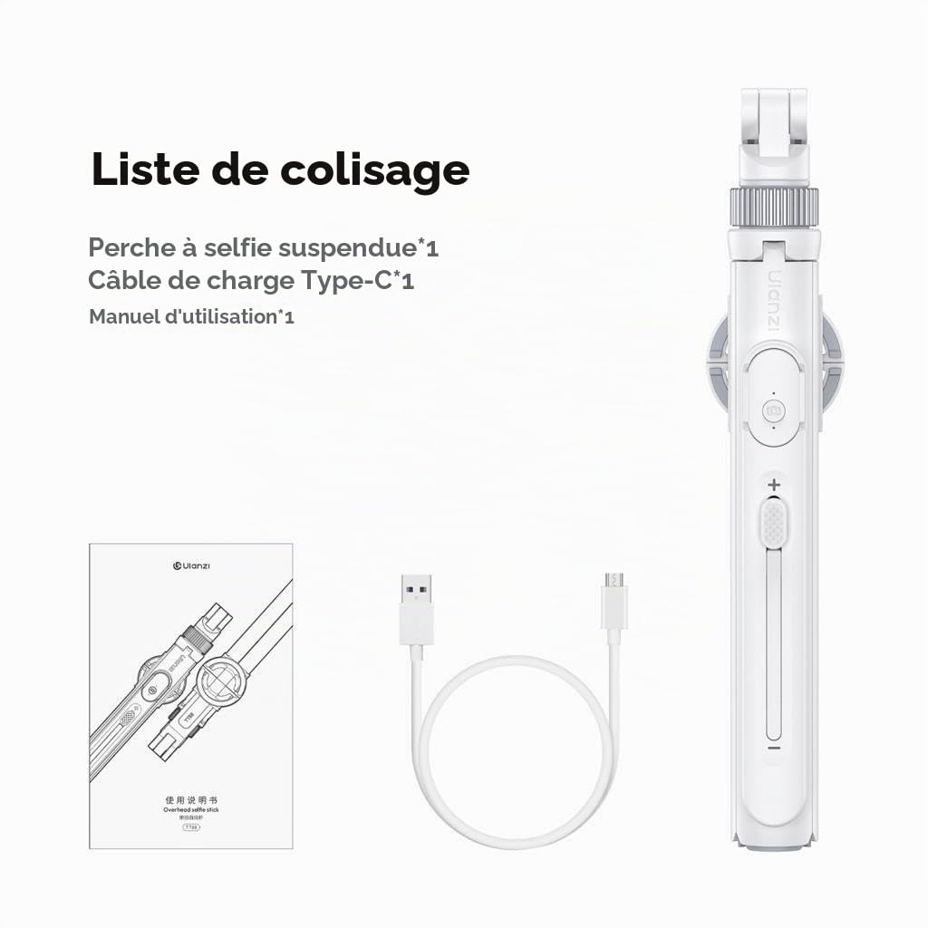Ulanzi TT88 Overhead Perche à selfie – Blanc – Trépied 2 en 1 pour prise de vue en haut – Extensible jusqu'à 144 cm – Avec déclencheur à distance Bluetooth, Mag Safe & support de serrage pour