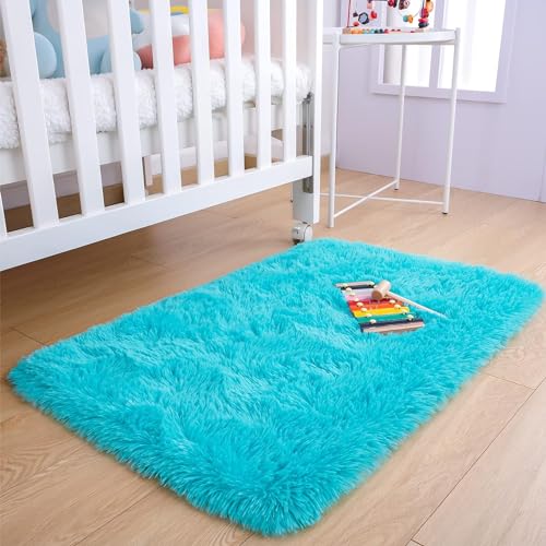 Image of Naze Carpet for Hallway, Kitchen, and Modern Interiors, Contemporary Color Block Area Rug - Cozy Shag Runner for Living Room, Entryway & Office Decor ETC Size 1.5x3 feet, Patten-Solid Ivory Turqoice