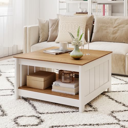 GOPLUS Table Basse Carré 2 Niveaux avec Rangement, Table Basse Salon Carrée avec Étagère Inférieure Ouverte, avec Plateau en Grain de Bois Élégant, pour...