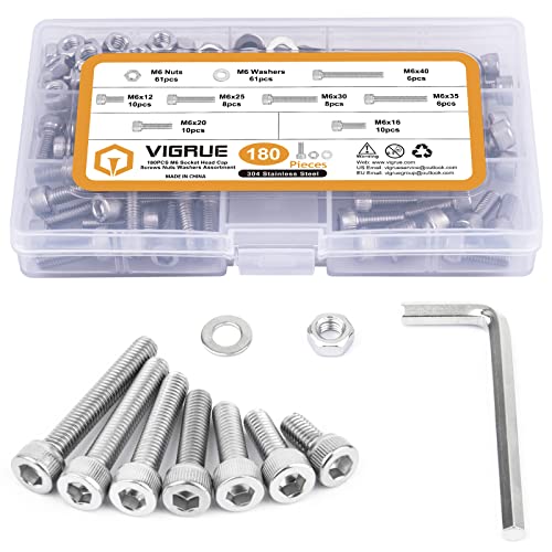 VIGRUE 180Pcs M6 Stainless Bolt Kit, M6x12/16/20/25/30/35/40mm Hex Socket Head Cap Screws Nuts Washers Assortment, Full UNC Thread m6 socket stainless 12-40mm