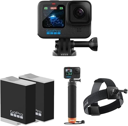 GoPro HERO12 - Cámara de acción negra con paquete, 2 baterías recargables, mango Go Pro (agarre de mano flotante), correa para la cabeza 2.0,