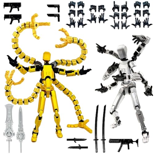 T13 3D Action Figure Set (Assembly Completed) 2 Pcs, 3D Printed Multi-Jointed, Titan 13 Action Figures, Multi-Articular Lucky Mobile Robot Nova,Desktop Decorations for Game Lovers Toys (Gold Sliver)