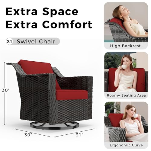 Image of Patio Glider Rocking Chair, Wicker Outdoor Conversation Set | Patio Chair Set with Olefin Removable Cushion, All-Weather Swivel Chairs with Deep Seat for Porch, Deck and Backyard, Red