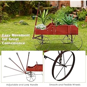 Goplus Wagon Planter Decorative Wooden Garden Planter with Wheels 2 Planting Sections and Adjustable Handle Indoor Outdoor Backyard Balcony Decor Red