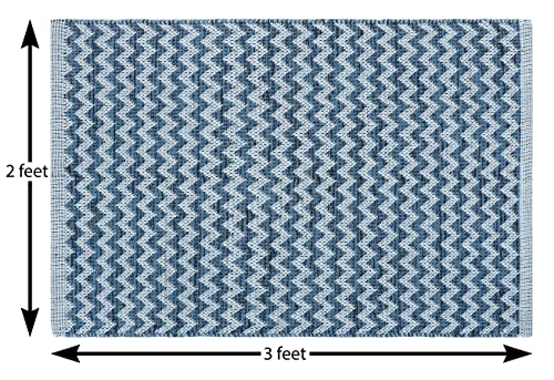 Image of The Home Talk Zig Zag Cotton Area Rug - Carpets Suitable for Living Room, Bedroom, Dining Room, Home Decor - Handcrafted Traditional Rectangular Rugs - Non-Skid | 2' X 3' - Ash Blue |