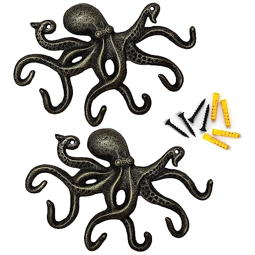 ChasBete Wall Hooks for Hanging, Iron Octopus Key Holder for Wall, Decorative Hooks 2Pcs - Bronze