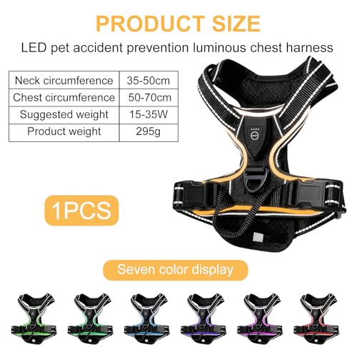 Hundegeschirr Leuchtend, LED Hundegeschirr Aufladbar mit Griff, Leuchtgeschirr LED Verstellbar, 7 Farben Leucht Brustgeschirr Anti Zug Atmungsaktivität & Komfort für Hunden 7.5-17.5kg(Schwarz, M)