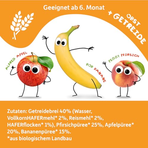 FRECHE FREUNDE Bio Quetschie Pfirsich, Apfel, Banane mit Hafer, Fruchtmus mit Getreide im Quetschbeutel für Babys ab dem 6. Monat, vegan, 6er Pack (6 x 100g)