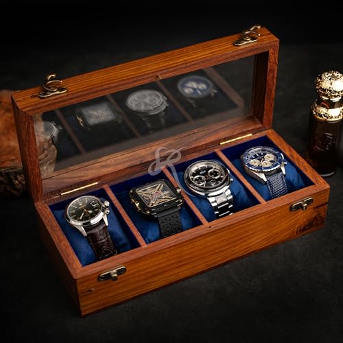 Image of Royal Craft Expertise 4 Slot Wooden Watch Organizer for Men - Luxury Watch Storage Case | Glass Top Watch Display Holder | Indian Rosewood Timepiece Box