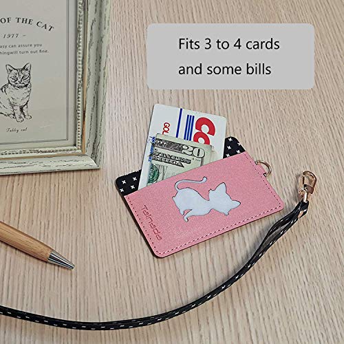 Image of Tainada Stick On Wallet with Detachable Neck Lanyard, Adhesive ID Credit Card Cash Holder with Faux Leather Animal Silhouette Compatible with Most Cell Phones + One Cord Wrapper (Pink Cat)