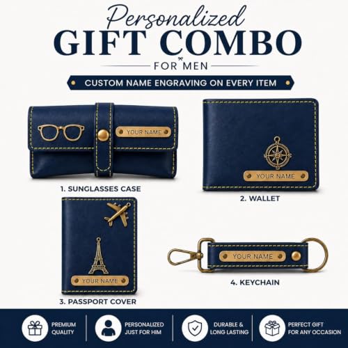 Image of Customized Wallet Combo Gift Set for Men | Faux Leather Wallet, Passport Cover & Keychain with Name & Charm | Personalized Gift for Birthday, Rakhi & Anniversary (Blue wkps)