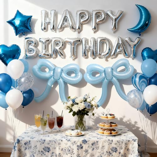 Image of 4 Pcs Baby Blue Bow Balloons Bow Birthday Party Decorations for Girl Women Bow Decor Blue Birthday Decorations Giant Dusty Blue Balloons for Baby Shower Bridal Bachelorette Party Supplies