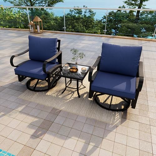 Image of 3 Pieces Outdoor Furniture Set, Metal 360 Swivel Rocking Chairs Bistro Sets, Patio Conversation Set with Side Table for Deck, Porch, Garden, Backyard, Poolside (Blue Cushions)