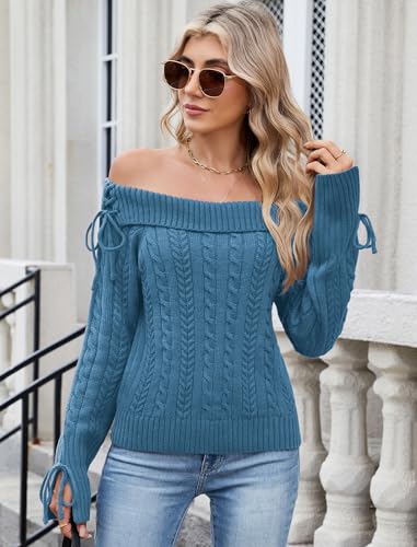 ZAFUL Women Off Shoulder Sweaters Long Sleeve Cable Knit Slim Fit Ribbed Knit Tops Pullover Sweaters2