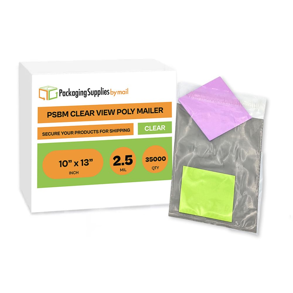 PSBM Clear Poly Mailers, 10x13 Inch, 35000 Pack, Shipping Envelope with Transparent Side & Grey Side, Great for Clothing, T-Shirt, Catalog