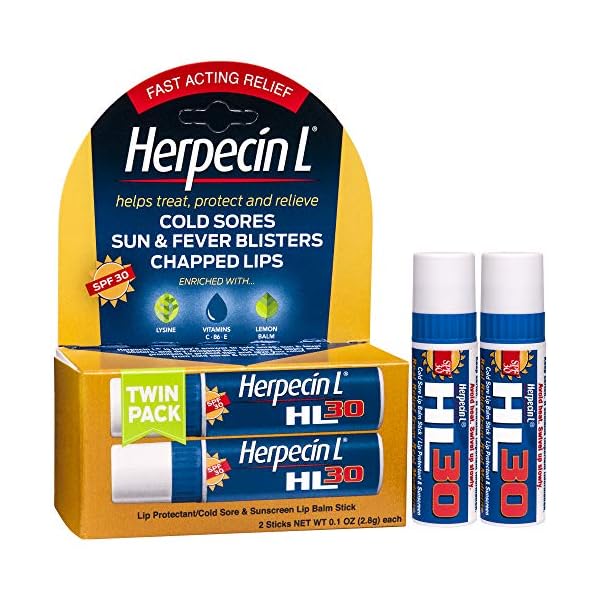 Herpecin L Lip Balm Stick; Cold Sore, Sun & Fever Blisters and Chapped Lips Relief Lip Balm with SPF30, Lemon Balm, and Lysine; 0.1oz - 2 pack
