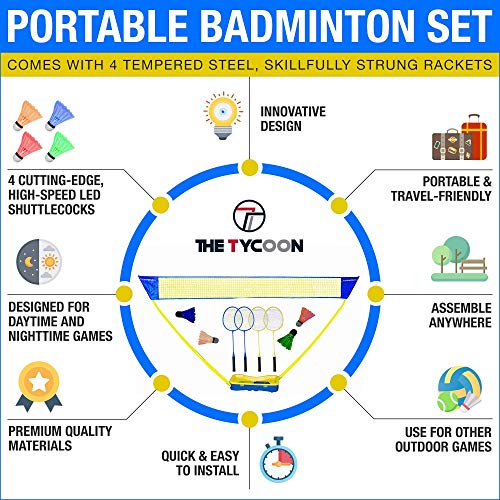 Badminton Set – Portable Badminton Set With Net, 4 Rackets And 4 Led Shuttlecocks (Color Vary) – Popup Volleyball Net – Premium Outdoor Games For Family – Foldable Adjustable Net With Carry Box #TOP3