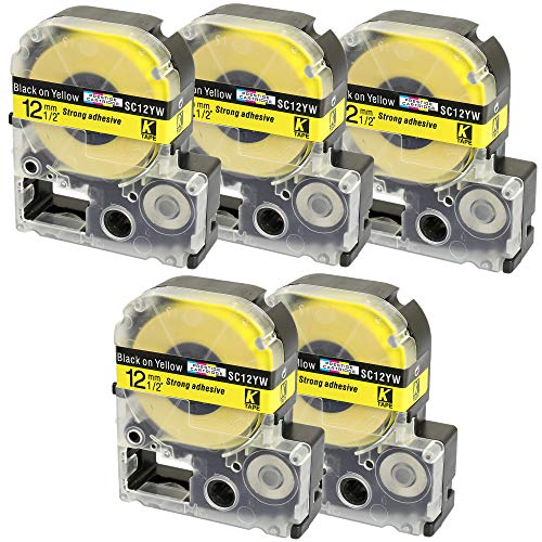 5 Casetes de Cinta compatibles con Epson SC12YW LC-4YBW LC-4YBW9 Negro sobre Amarillo 12mm x 8m para Epson LabelWorks LW-300 LW-300L LW-400 LW-500 LW-600P LW-700 LW-900P LW-1000P King Jim Tepra Pro