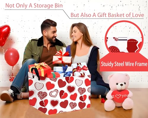 Image of Large Valentine's Day Basket Heart Shaped Storage Bin for Gifts Collapsible Organizer Room Decor (Little Round Dot Love)