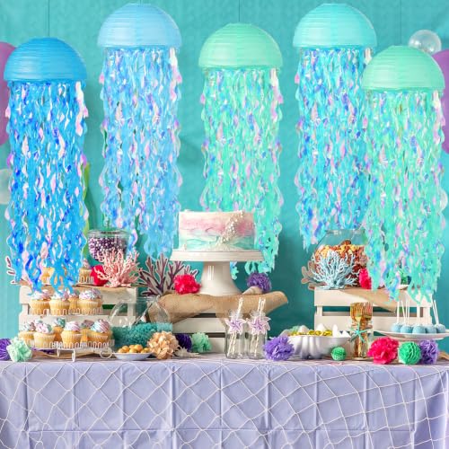Image of 8 pcs Jellyfish Paper Lanterns Ocean Birthday Party Decorations with Hooks and Ropes, Hanging Jellyfish Decorations for Baby Shower Under The Sea Mermaid Spongebob Birthday Classroom Decorations