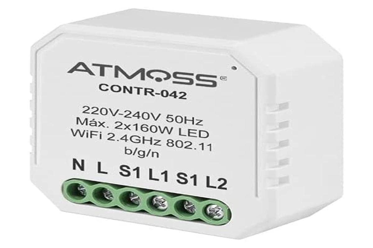 ATMOSS | Interruptor WiFi para 2 Dispositivos | CONTR-042 | 2 x 150W LED | Domótica para el Hogar | Compatible con Alexa y Google Home | Doble Interruptor para Apps Smart Life y Tuya | Regulador LED