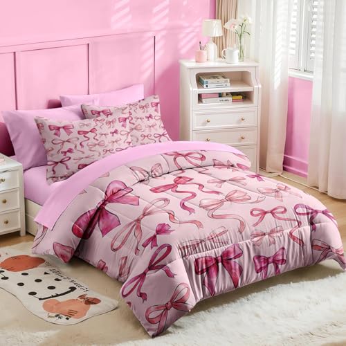 Image of Nesker Bow Comforter Set Full Size, 7 Pieces Bed in a Bag, Pink Watercolor Bow Bedding Set for Girls, Coquette Bows Comforter Set with 2 Pillowcases & 2 Shams