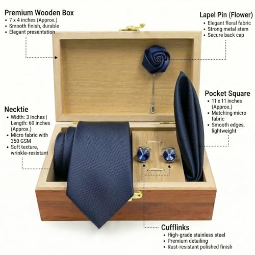 Image of Men's Necktie Gift Set with Wooden Box | Premium Tie, Pocket Square, Cufflinks & Lapel Pin | Elegant Formal Accessories Gift for Men