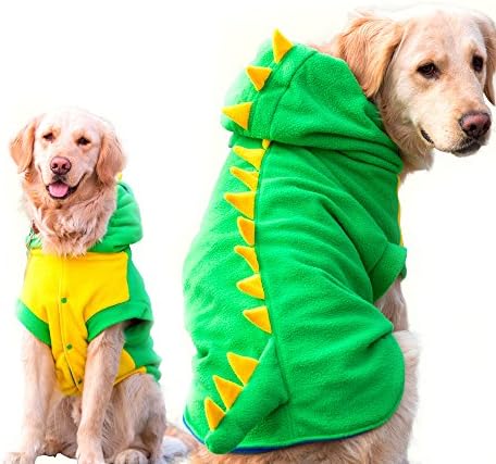 Funny Halloween Big Large Dog Dinosaur Costume Jacket Coat Warm Fleece Winter Golden Retriever Pitbull Dog Clothes Hoodie (6XL, Green)