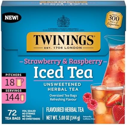 Twinings Strawberry & Raspberry Herbal Iced Tea, 72 Oversized Tea Bags, Makes 18 Pitchers or 144 Servings, Unsweetened, Naturally Caffeine-Free, 72 Count (Pack of 1)