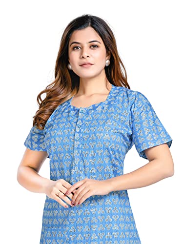 Image of PNAEONG Women's Printed Cotton Nighty, Gown Maxi - Free Size Blue