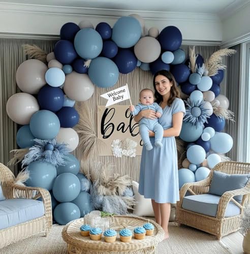 Image of Navy Blue Balloon Arch Kit - Double Stuffed Dusty Blue Pastel Blue Balloon Garland Dark Light Blue Grey Latex Balloons for Baby Bridal Shower Birthday Wedding Graduation Party Decoration