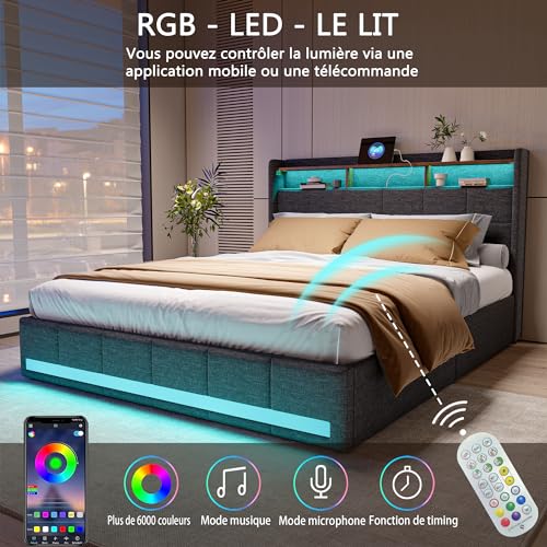 KeepGoon Polsterbettrahmen mit USB Ladestation und LED-beleuchtetem Kopfteil, 200×160cm Doppelbett Stauraumbetten Funktionsbett Bettgestell, Bettrahmen mit 4 Schubladen Grau – Bild 5