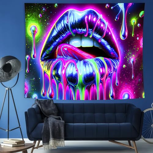 Image of BlissYard Neon Geometric Dripping Lips Tapestry 78x59 Inch - Blacklight UV Reactive Psychedelic Wall Hanging for Bedroom Living Room Party & Festival Decor
