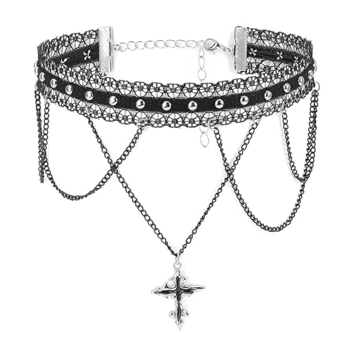Faletony Damen Choker Halskette Spitze Gothic Choker Kette mit Kreuz Anhänger Halloween Weihnachten Neujahr Goth Schmuck Geschenk für Frauen und Mädchen