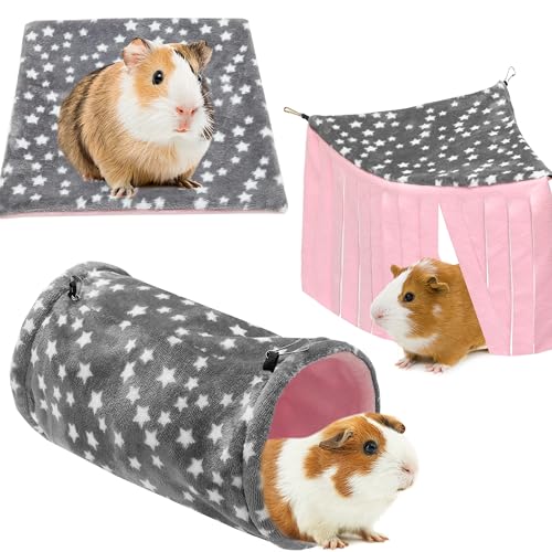 JVVGPET Guinea Pig Hideout 3 Pack Soft Fleece Small Animal Tunnel Tube & Mat & Corner Hideout Cage Accessories for Guinea Pigs Rabbit Ferret Chinchilla Hedgehogs