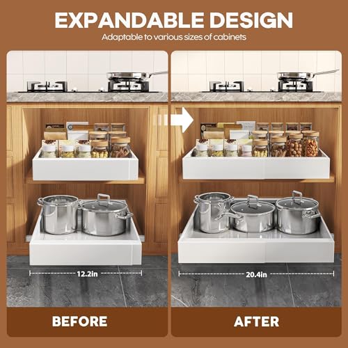 2 Pack Expandable Pull Out Cabinet Organizer 16.5"Deep with Raising Pad for Framed Cabinets,Upgrade 3 Slide Rails Slide Out Drawers,Roll Out Shelves Adhesive,Adjustable Width 12.2"-20.4"White