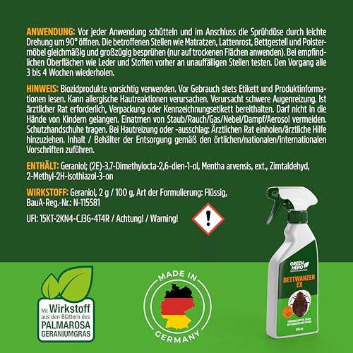 Green Hero Bettwanzen-Ex Spray 500 ml | Abwehrspray gegen Bettwanzen und Milben | Zur Unterstützung der Vorbeugung von Befall | Fernhaltemittel für Matratze und Bettgestell