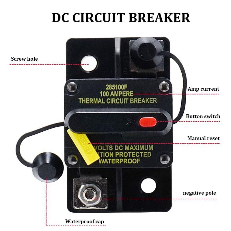 Blue Sea 285 Series DC Circuit Breaker, 100 Amp, Black, Waterproof, Thermal Protection, Manual Reset, 72.5x49x47mm (CB-11-100A)