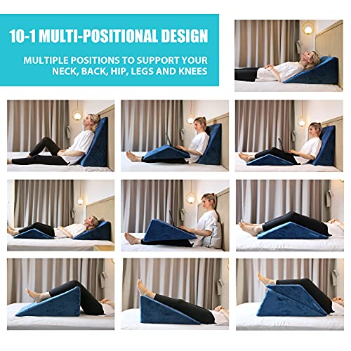 Lisenwood Foam Bed Wedge Pillow Set- Reading Pillow & Back Support Wedge Pillow for Sleeping- 2 Separated Sit Up Pillows for Bed- Angled Bed Pillow, Triangle Pillow for Back and Legs Support Navy