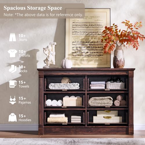 Image of Aitjunz Farmhouse 6 Drawer Dressers for Bedroom, 47'' Wide Dresser & Chests of Drawers w /Roman Columns, Horizontal Wooden TV Stand Dresser w /Metal Handle for Bedroom, Hallway, Living Room, Brown