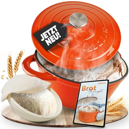 BBQ BEN Gusseisen Topf Emaille 5L inkl. Gärkorb & Ebook - Stilvoller Brotbacktopf | Brottopf zum Backen von Brot, Schmoren & Kochen | Gusstopf Dutch Oven | Brot Topf, Gusseiserner Bräter (Koralle) BBQ BEN Gusseisen Topf Emaille 5L inkl. Gärkorb & Ebook - Stilvoller Brotbacktopf | Brottopf zum Backen von Brot, Schmoren & Kochen | Gusstopf Dutch Oven | Brot Topf, Gusseiserner Bräter (Koralle)