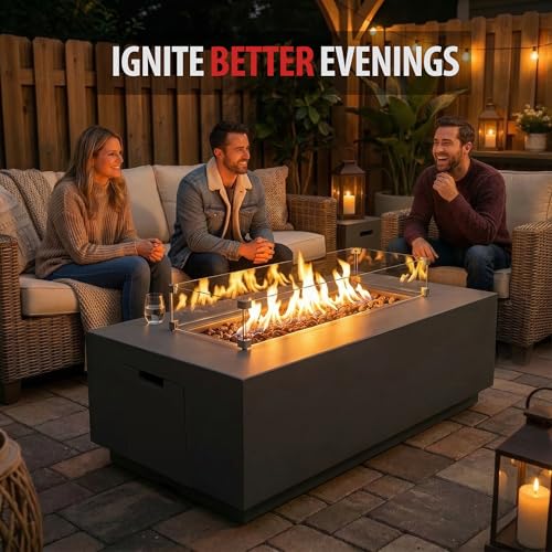 Image of AMS Fireplace Genuine Concrete Rectangular Propane Fire Pit Table for Outside Patio (66 inch Sedona) | Hidden Tank Drawer & Electronic Ignition | Bundle w /Wind Guard, Burner Lid & Cover (Dark Gray)
