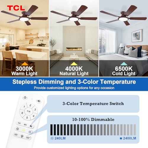 Image of TCL 52 inch Brown Low Profile Ceiling Fan with Light & Remote | 5-blade Flush Mount fan with quiet 6-speed reversible DC motor. Dimmable LED light. Ideal for bedroom, living room & garage