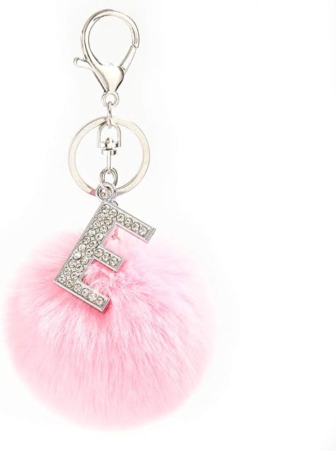 Furling Pompoms Silver Metal Alphabet Keychains Rhinestone Keyring with 3in Fur Pom Poms Women Girls Shiny Crystal Key Ring Letter A-Z