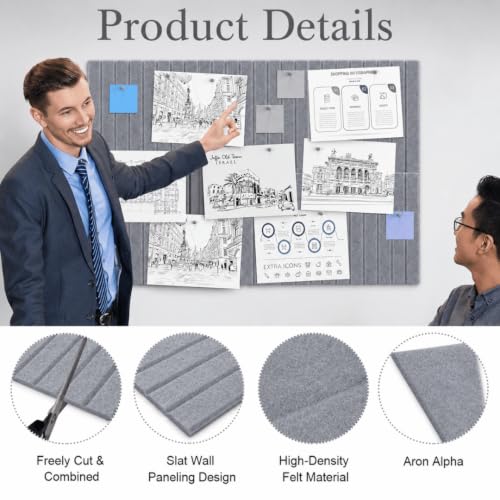 Image of QUIET CANVAS Acoustic Wall Slat Pinboard, 1x1ft, Pack 6, 50 PushPins Grey