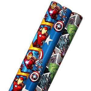 Hallmark Avengers Wrapping Paper with Cut Lines on the Reverse (3-Pack: 60 sq. ft. ttl) with Captain America, Iron Man, Black Widow, Thor and Hulk for Birthdays, Christmas, Father’s Day and More