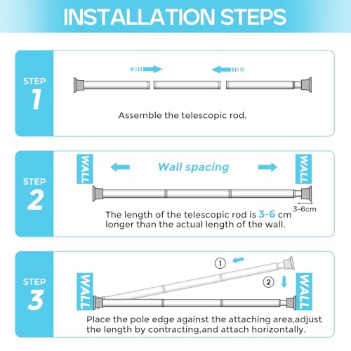 Image of Extendable Curtain Poles 59-120 cm, Tension Rods for Curtains Adjustable Shower Curtain Poles No Drilling Spring Loaded Curtain Rod Shower Rail for Bathroom Window Door Wardrobe, White