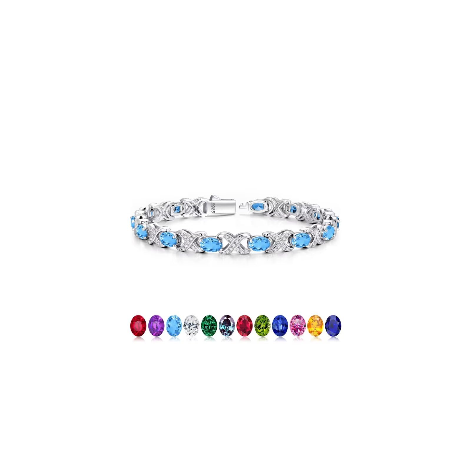 Iefil Valentines Day Gifts for Her, Oval Birthstone Tennis Bracelets for Women Wife Unique X O Design Fine Jewelry Anniversary Birthday Gift 925